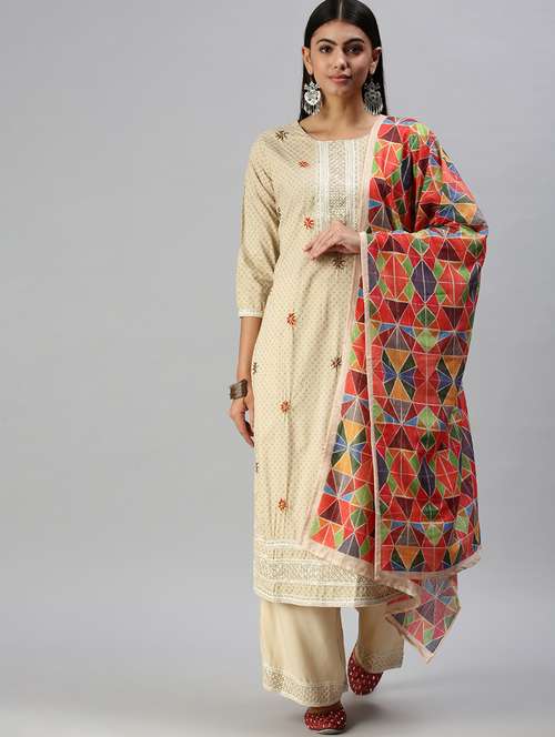 women cream printed kurta palazzo set with dupatta - 18294938 - Standard Image - 0