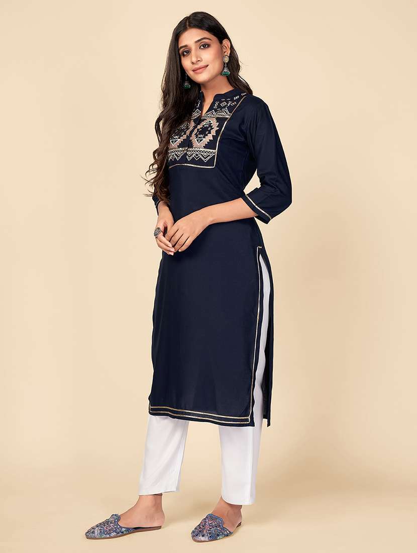 navy rayon straight kurta - 18298136 -  Standard Image - 1
