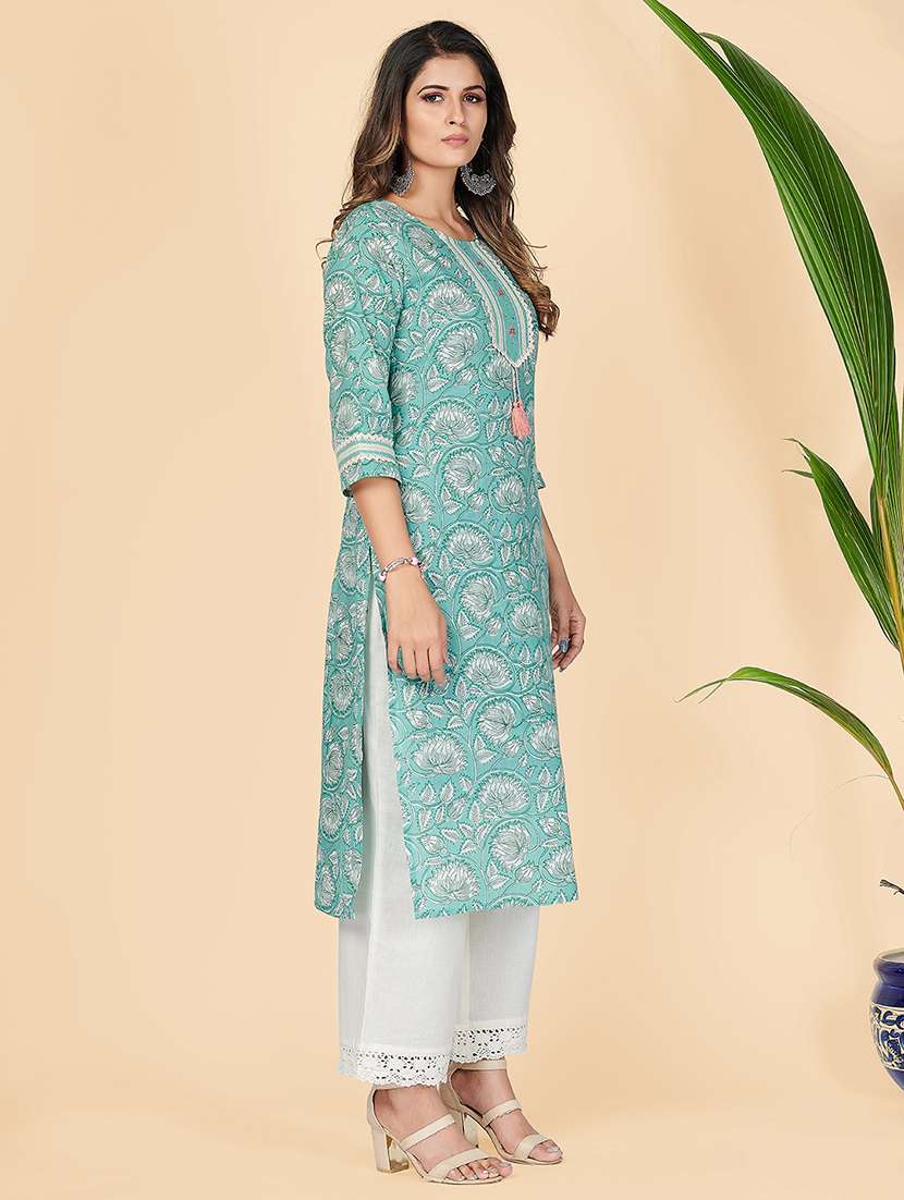 turquoise cotton straight kurta - 18298148 -  Standard Image - 1