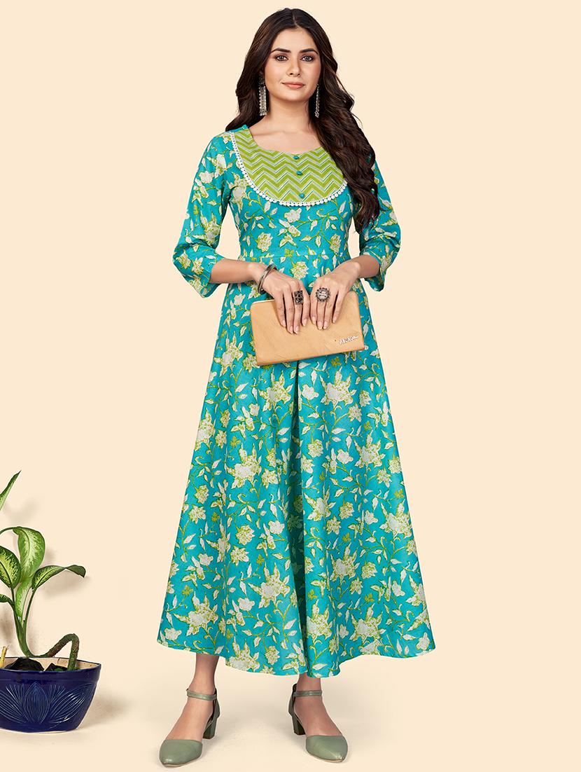 turquoise printed anarkali kurta - 18298285 - Standard Image - 4