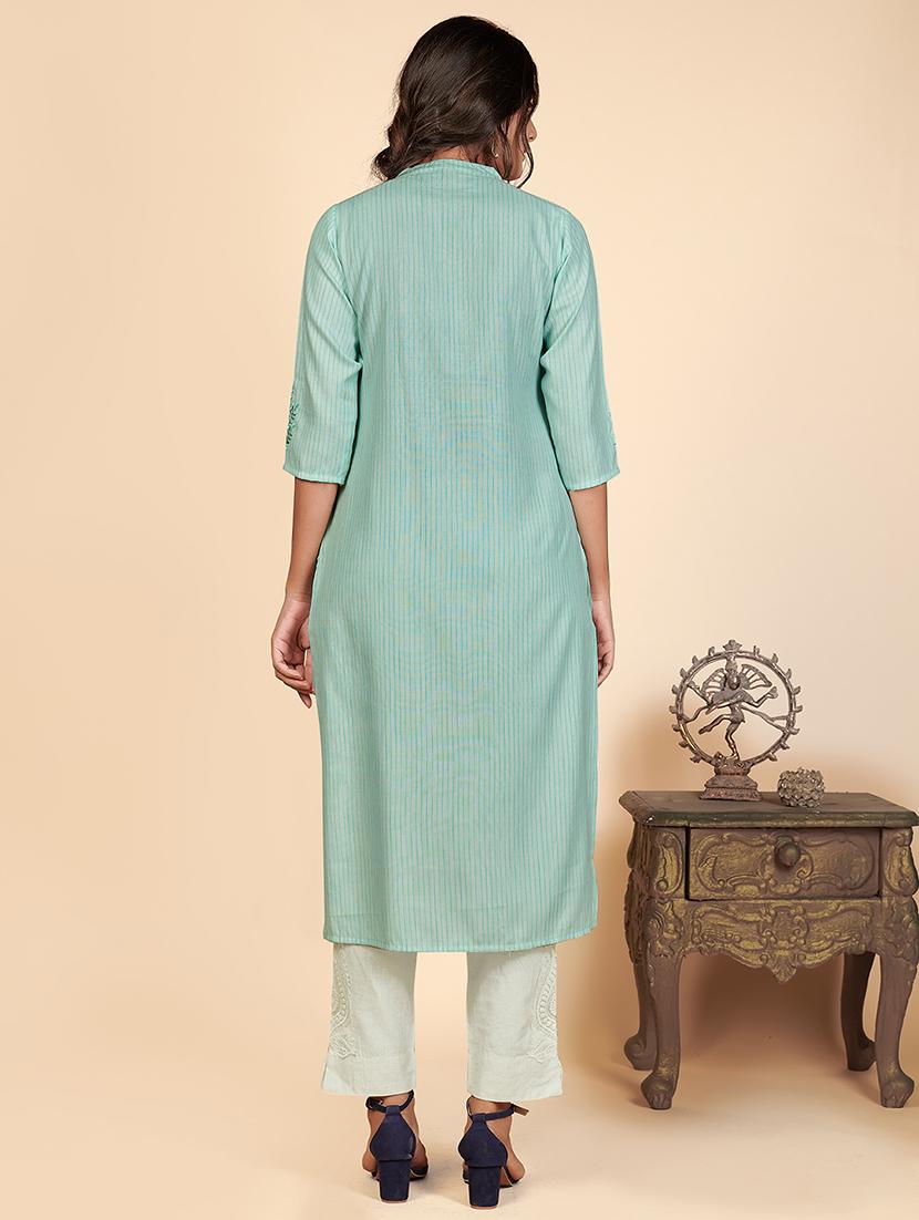 turquoise solid straight kurta - 18298348 - Standard Image - 4