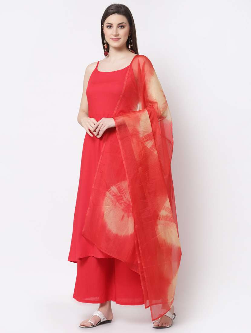 red kurta palazzo set with dupatta - 18299465 -  Standard Image - 1