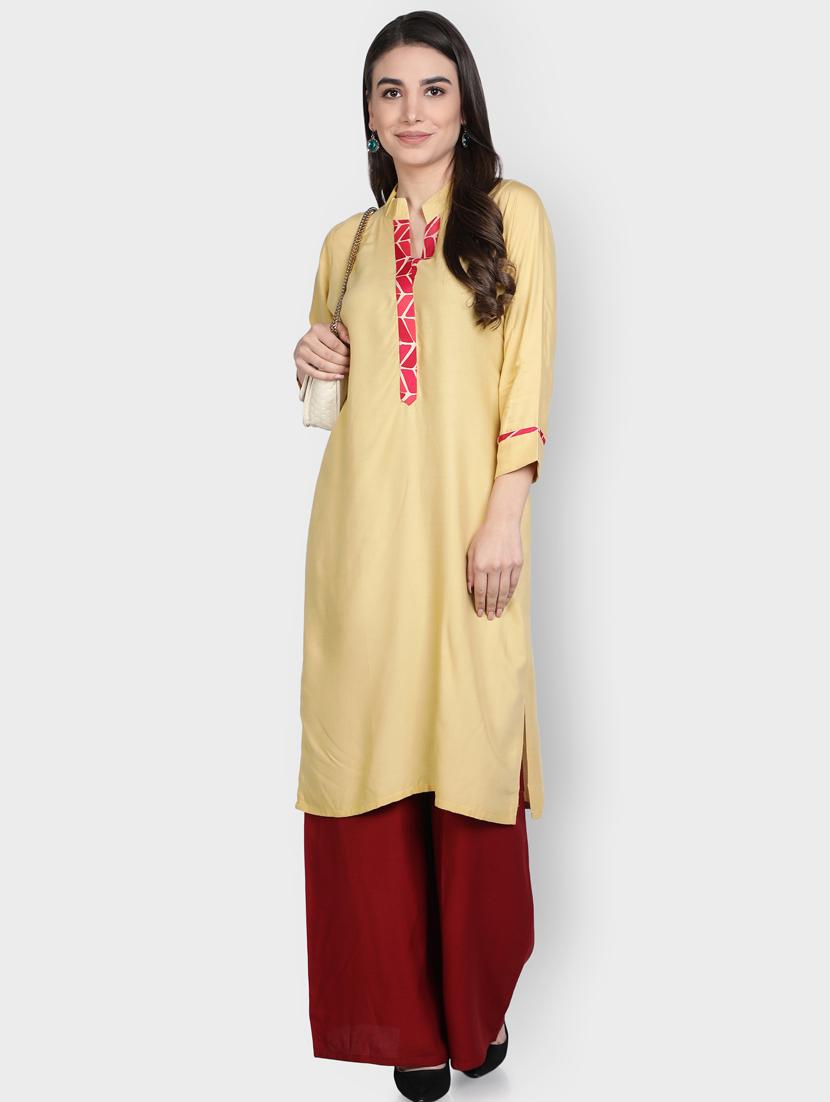 beige rayon kurta palazzo set - 18302535 - Zoom Image - 0