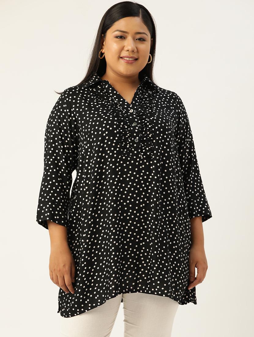 black polka dot print kurti with ruffles - 18303709 -  Zoom Image - 0