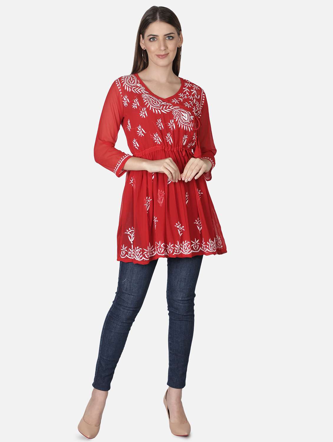 Women Overlap Neck Red Chikankari Kurti