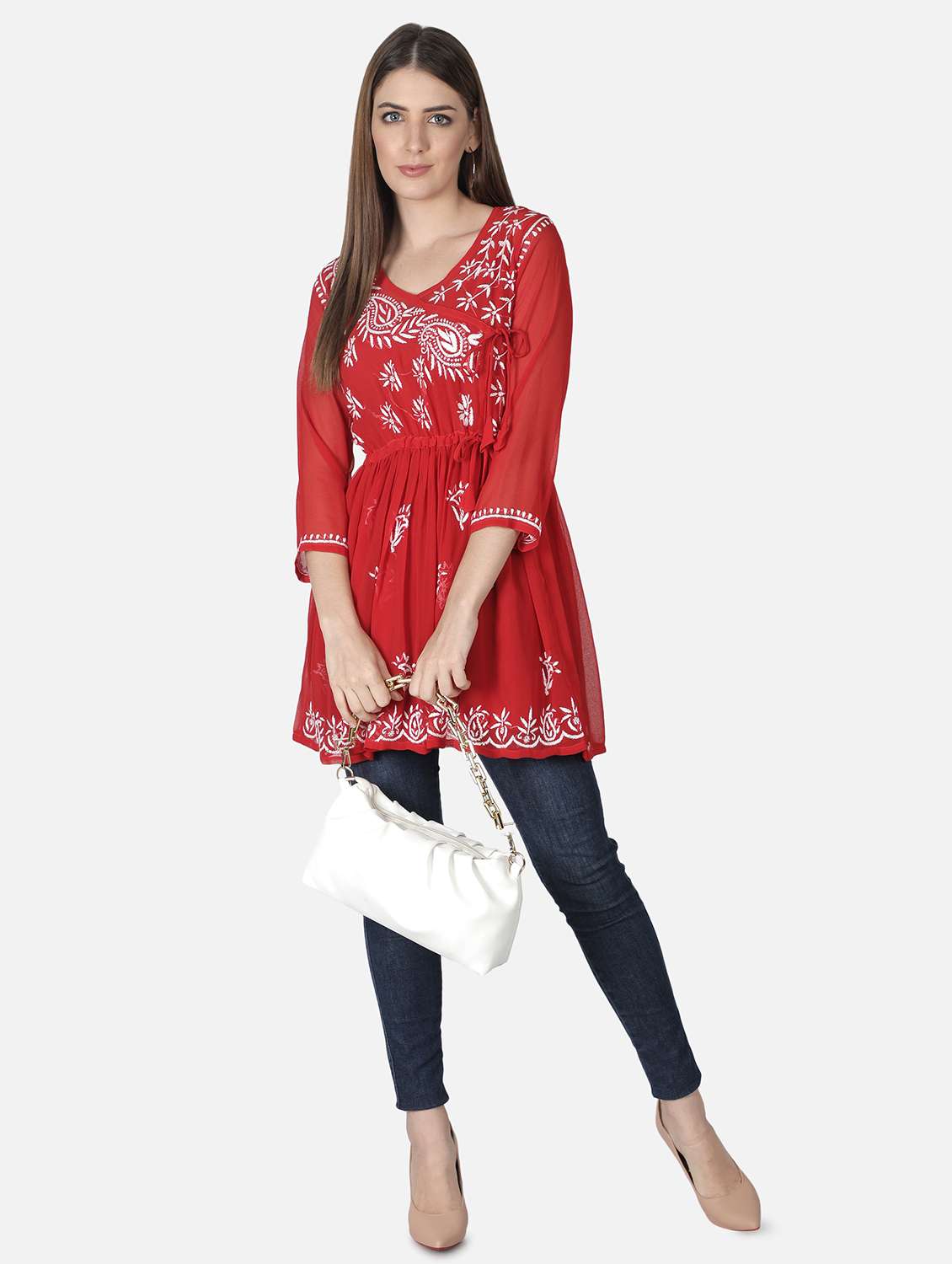 Women Overlap Neck Red Chikankari Kurti
