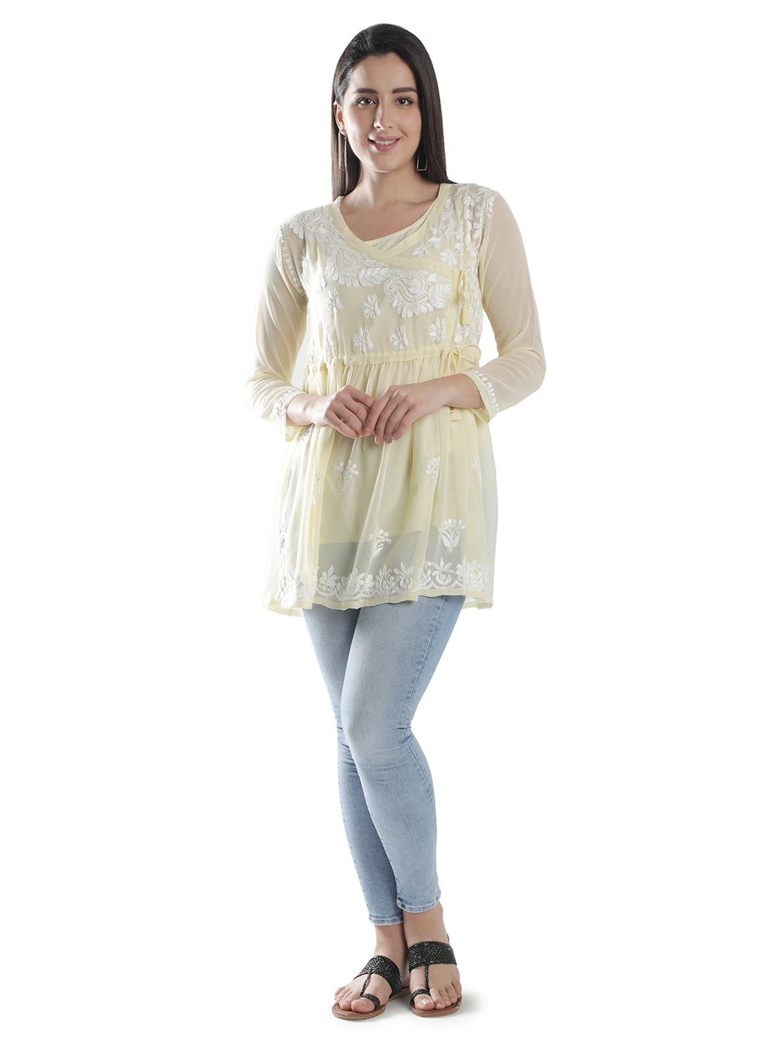yellow chikankari flared kurti - 18303780 - Standard Image - 4
