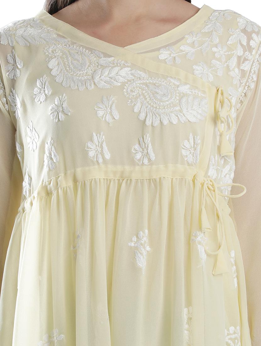 yellow chikankari flared kurti - 18303780 - Standard Image - 6