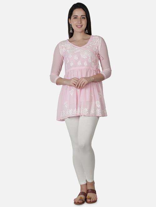 women overlap neck pink chikankari kurti - 18303782 -  Standard Image - 0