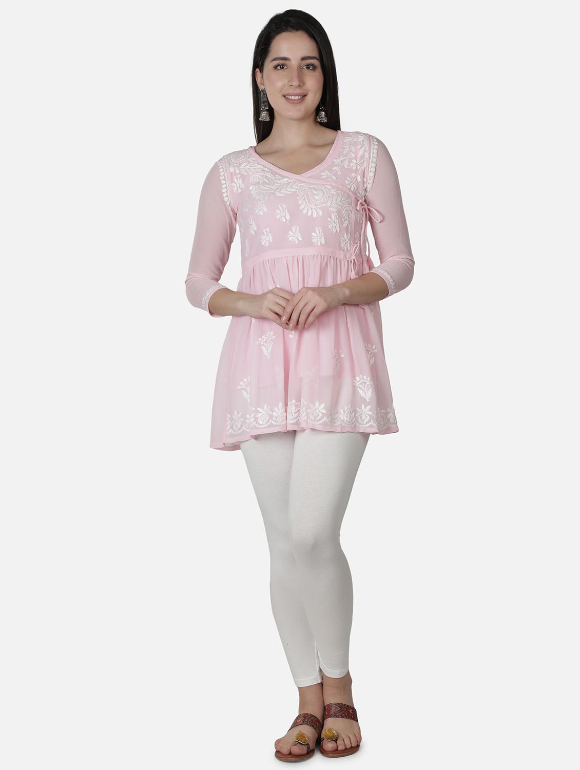 women overlap neck pink chikankari kurti - 18303782 -  Zoom Image - 0
