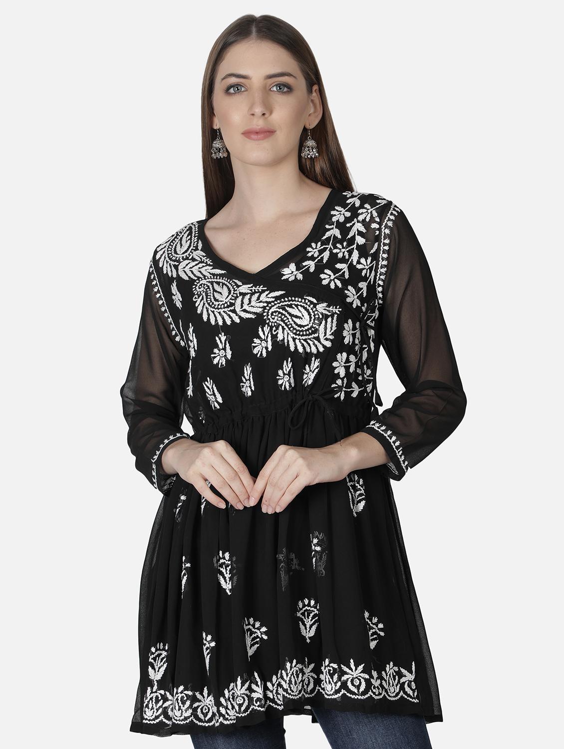 women black overlap neck chikankari kurti - 18303783 - Zoom Image - 0