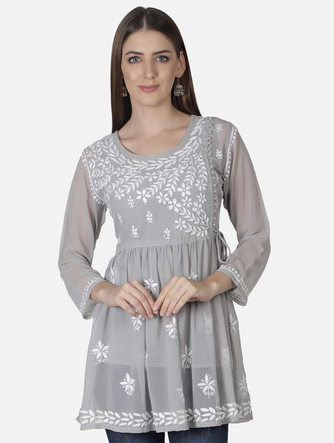 grey chikankari flared kurti