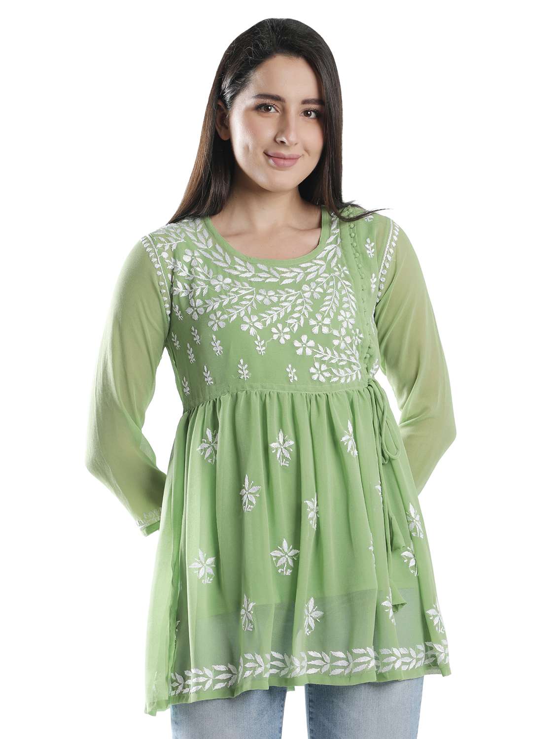 Green Chikankari Flared Kurti