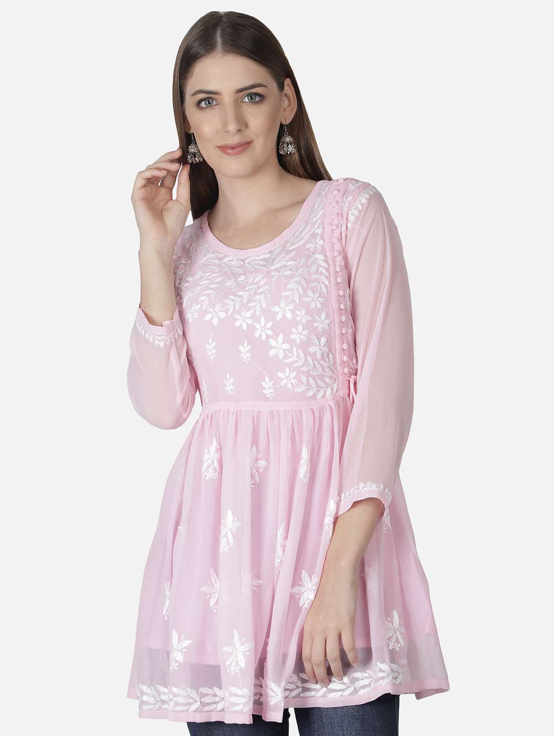 pink chikankari flared kurti