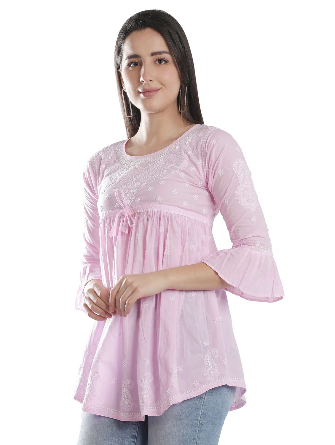 pink chikankari flared kurti - 18303794 -  Standard Image - 1