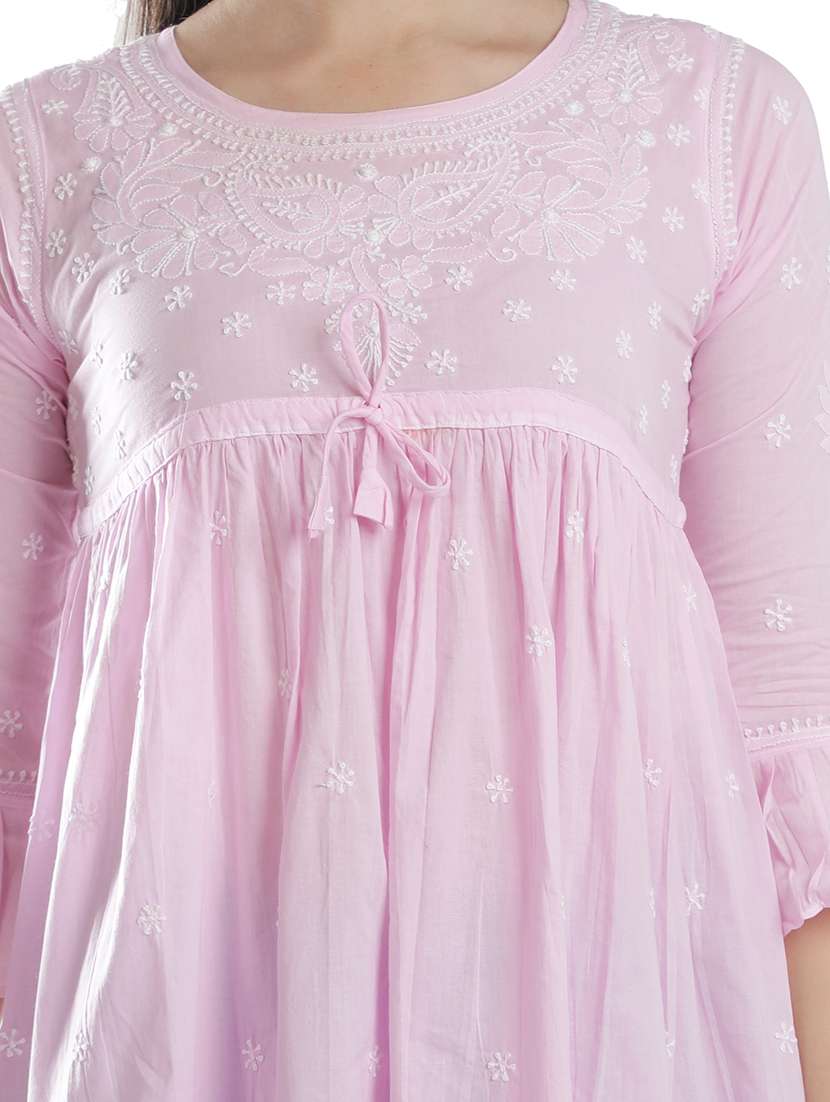 pink chikankari flared kurti - 18303794 -  Standard Image - 6