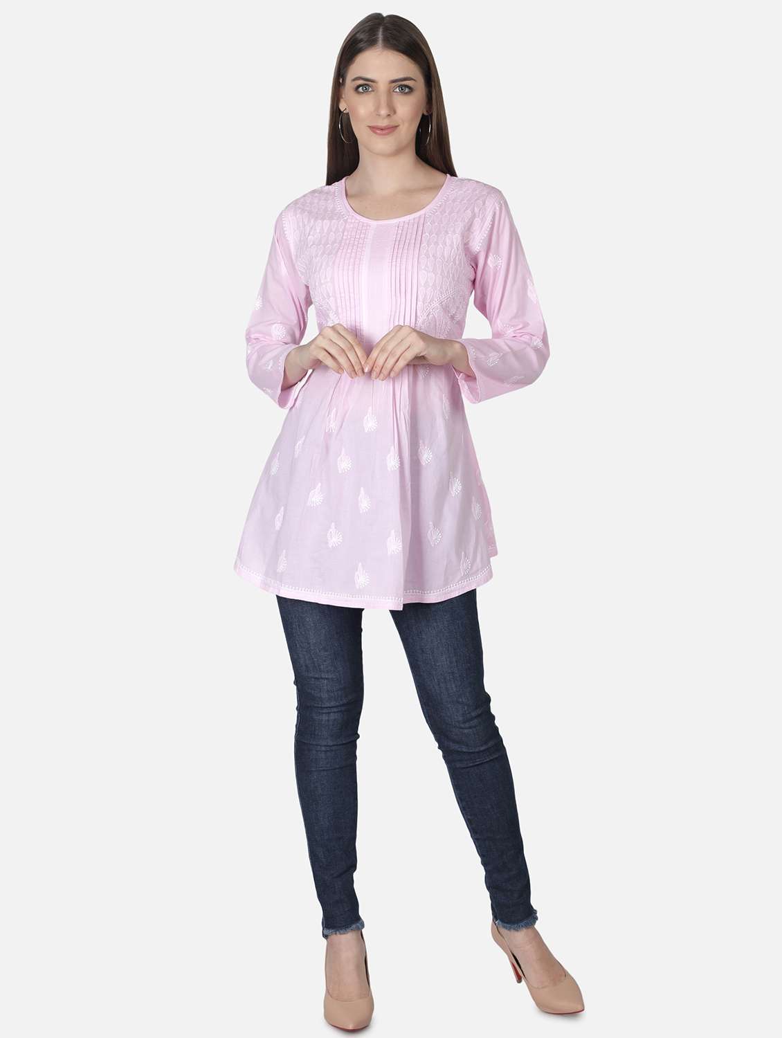 pink chikankari a-line kurti - 18303797 -  Standard Image - 4