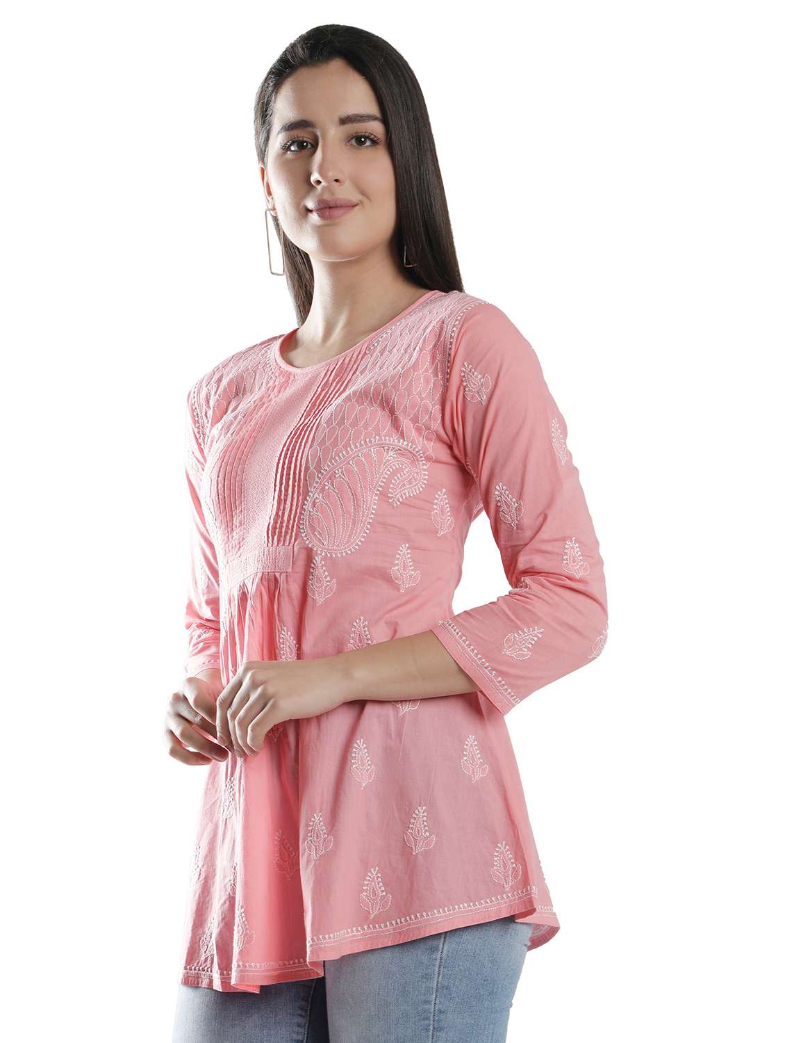 peach chikankari a-line kurti - 18303803 - Standard Image - 1