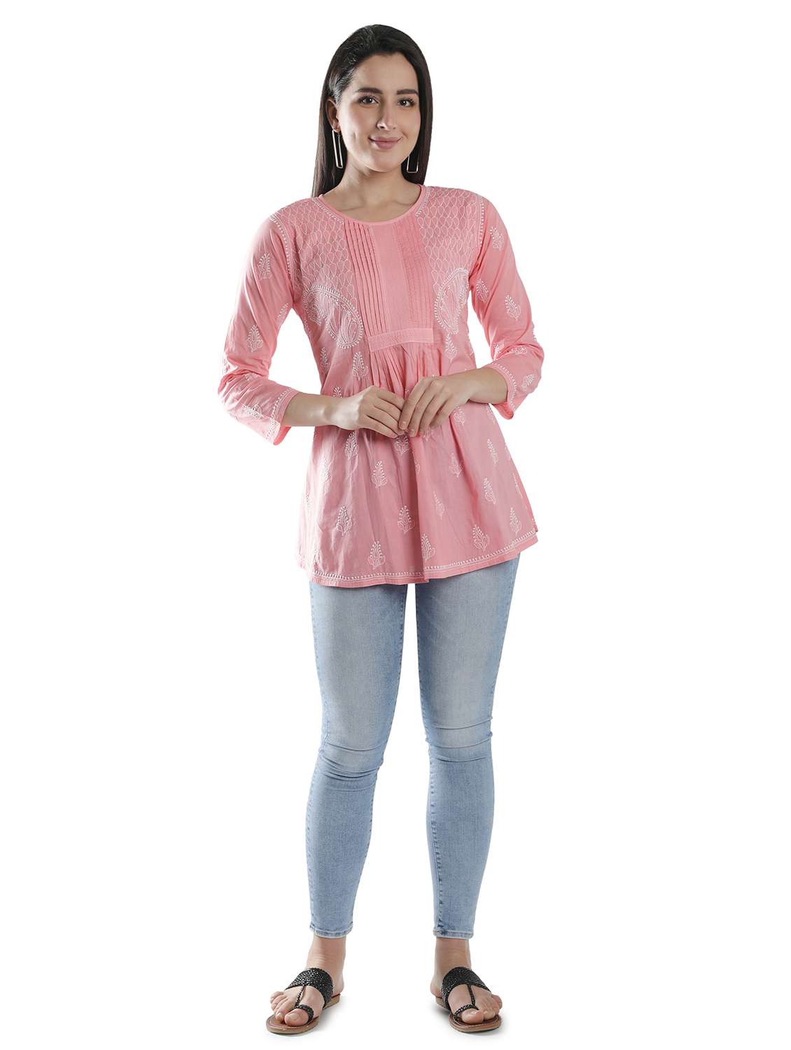 peach chikankari a-line kurti - 18303803 - Standard Image - 4