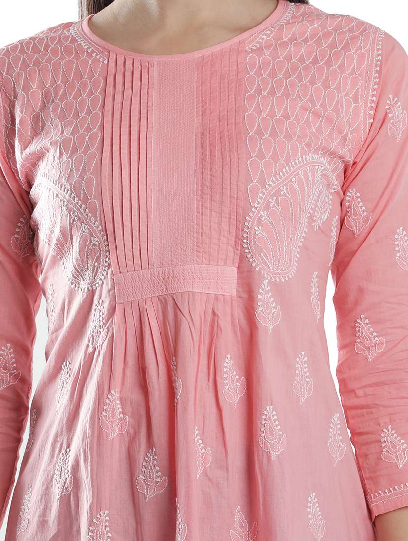 peach chikankari a-line kurti - 18303803 - Standard Image - 6