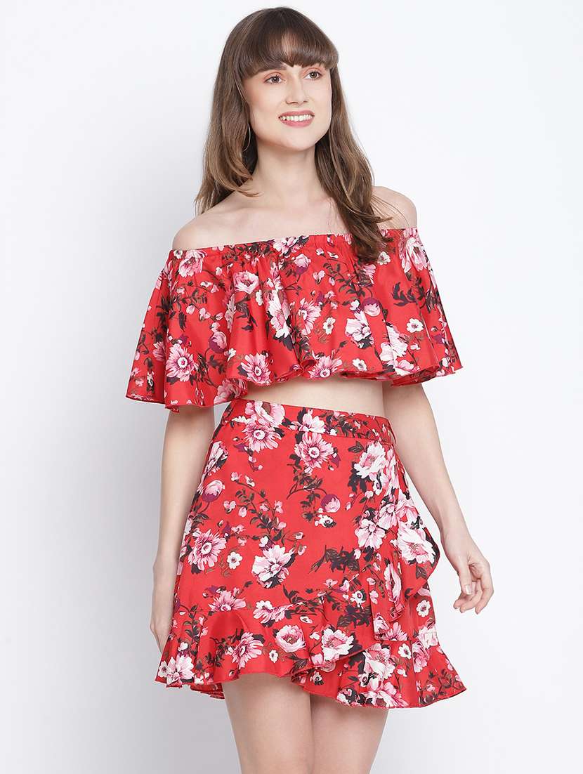 off shoulder floral top & skirt set