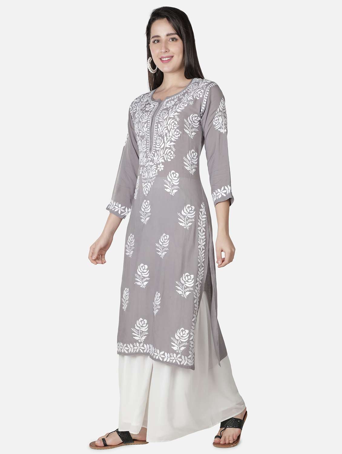 grey chikankari straight kurta - 18304822 -  Standard Image - 1