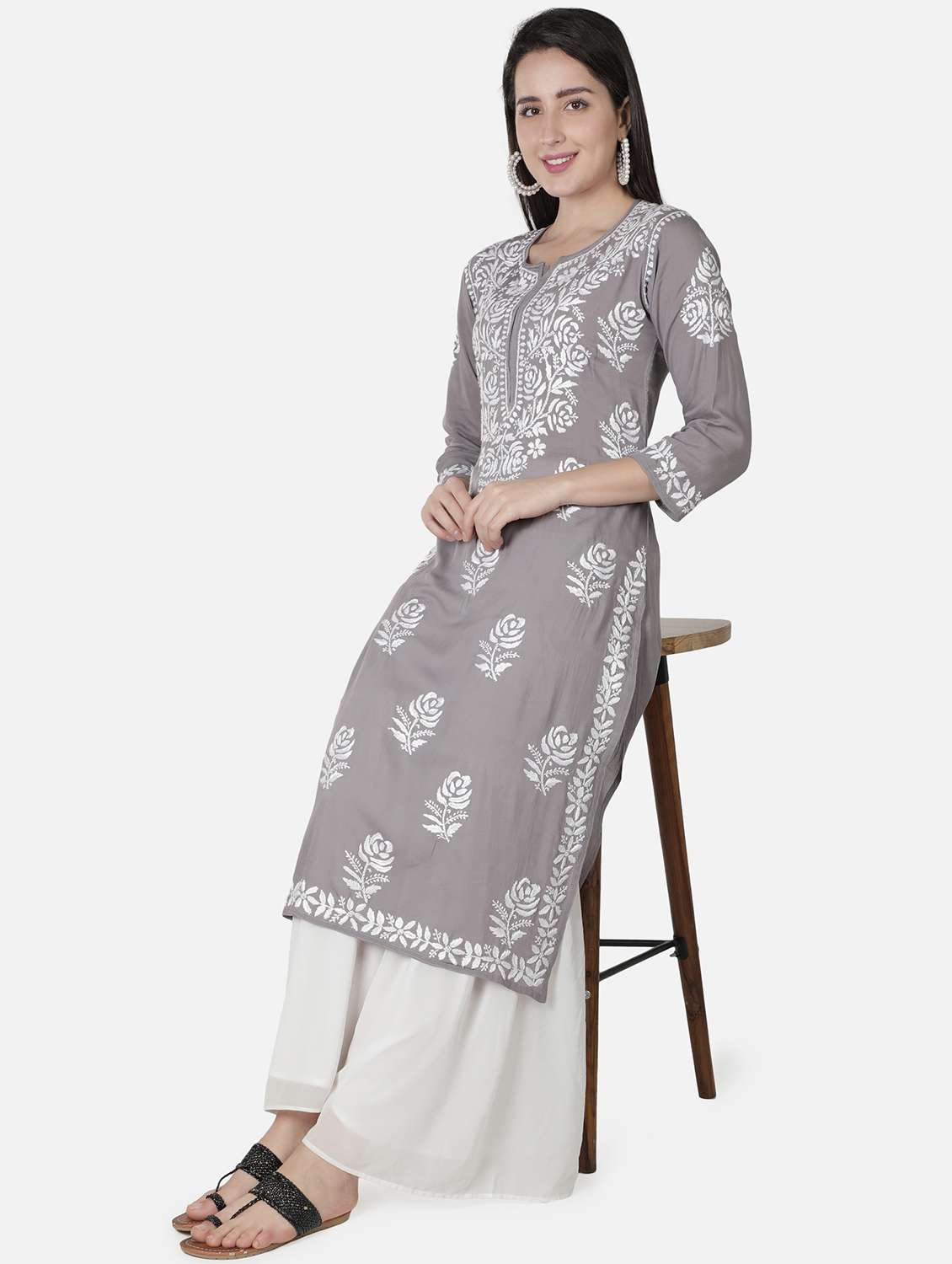 grey chikankari straight kurta - 18304822 -  Standard Image - 4