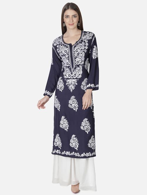 navy chikankari straight kurta - 18304823 -  Standard Image - 0