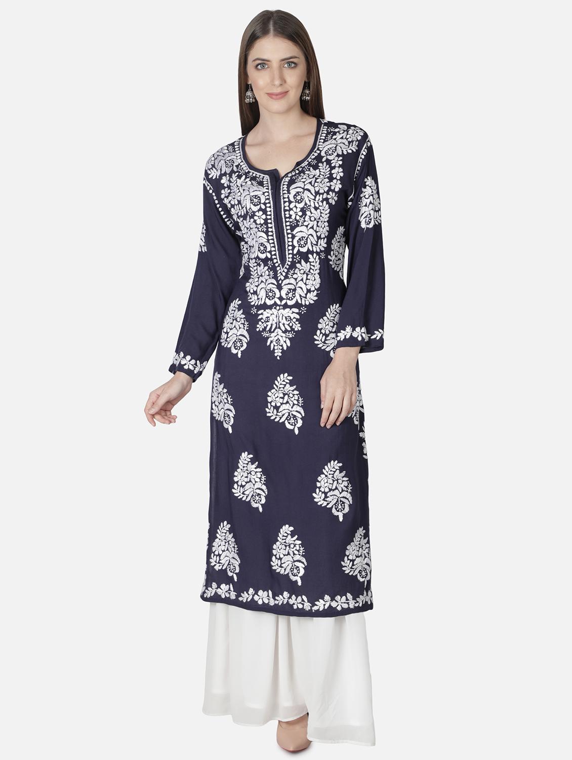 navy chikankari straight kurta - 18304823 -  Zoom Image - 0