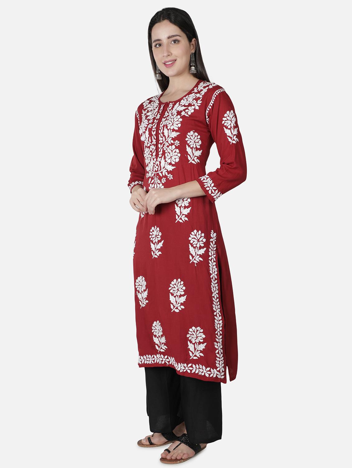 maroon chikankari straight kurta - 18304826 - Standard Image - 1
