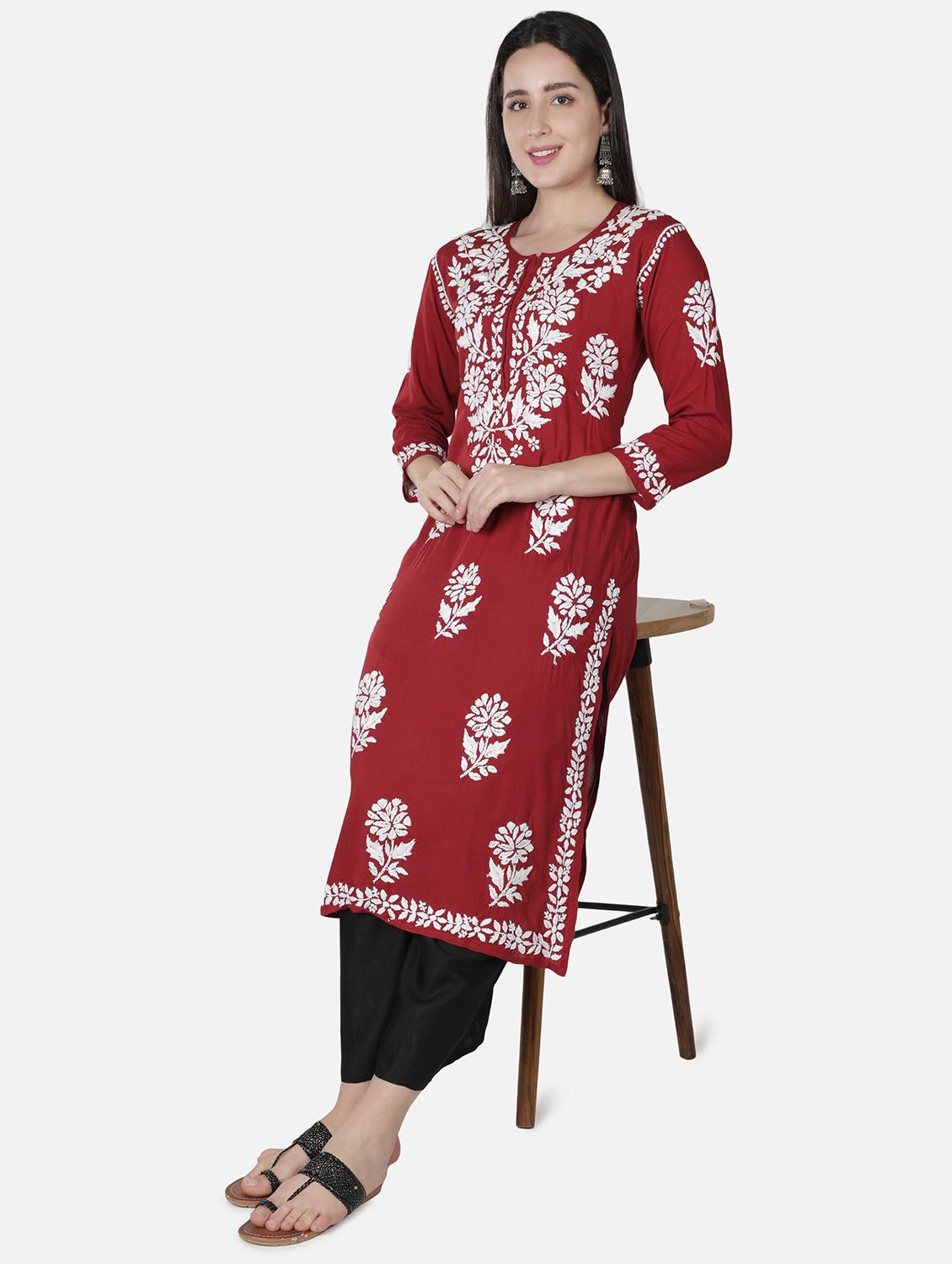 maroon chikankari straight kurta - 18304826 - Standard Image - 4