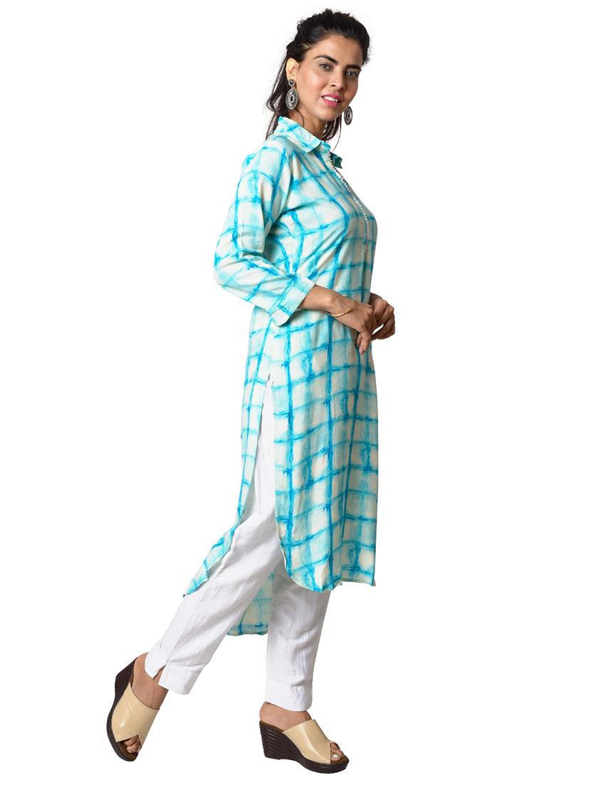 turquoise checked straight kurta - 18305278 - Standard Image - 1