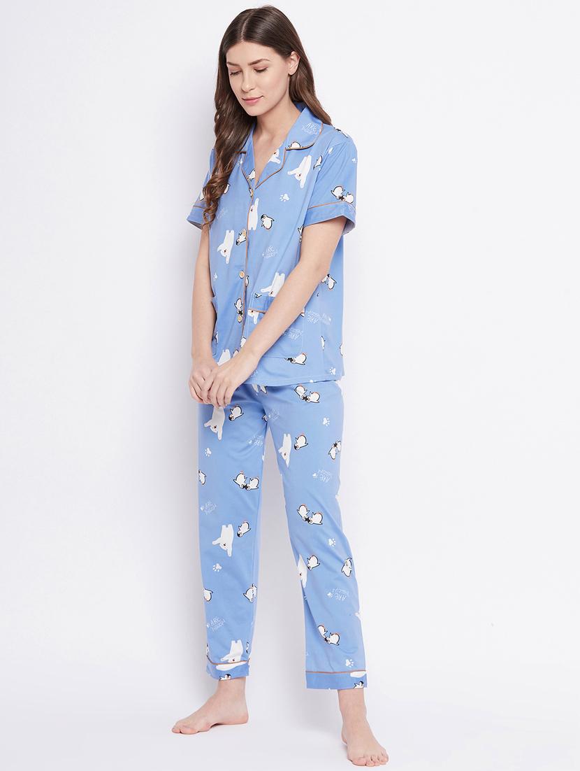 shirt collar printed nightwear pajama set - 18305833 -  Standard Image - 1