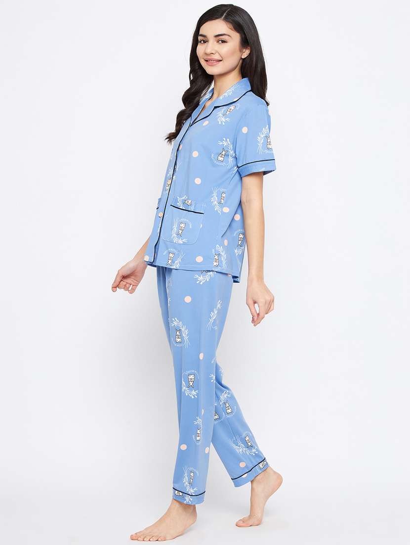 shirt collar printed nightwear pajama set - 18305834 -  Standard Image - 1