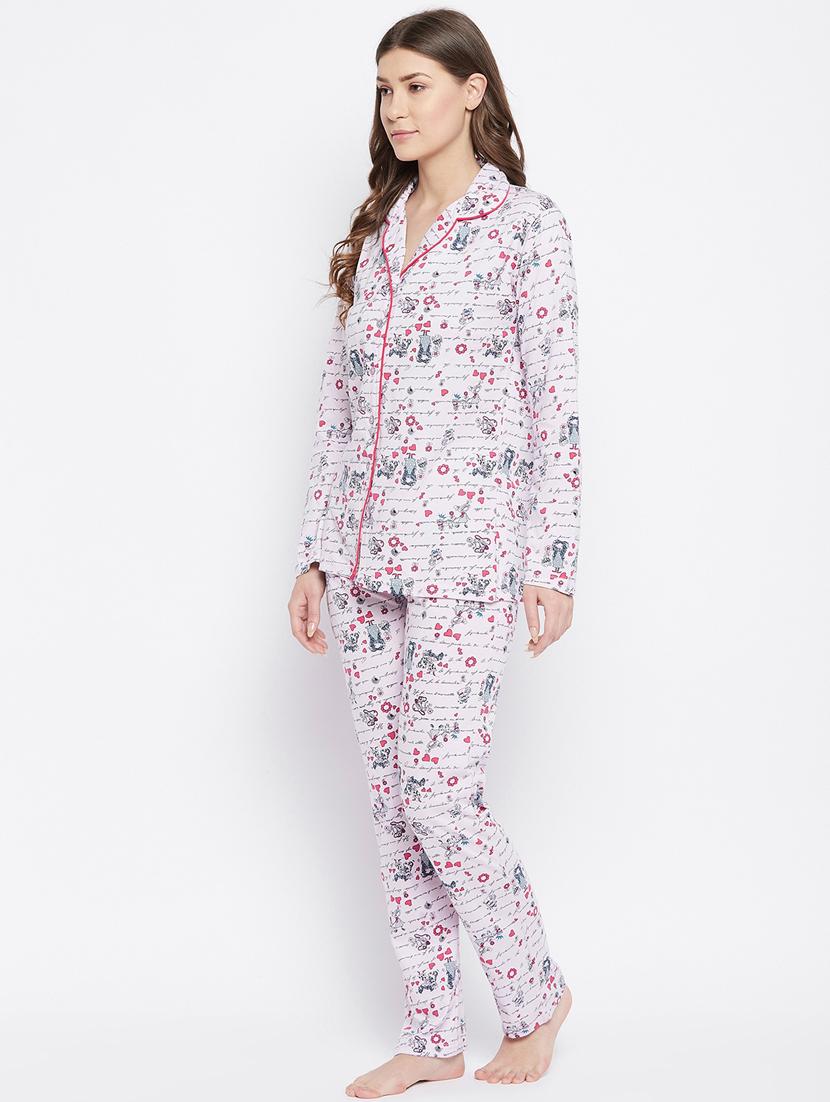 shirt collar printed nightwear pajama set - 18305849 - Standard Image - 1