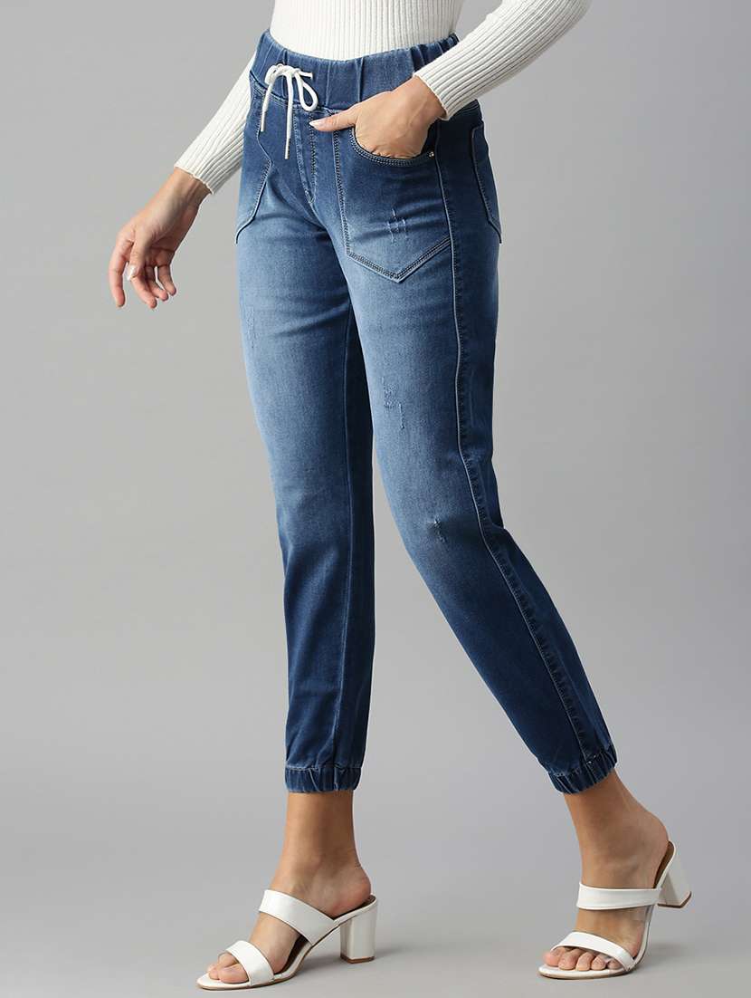 women plain blue jogger fit jeans - 18306582 -  Standard Image - 1
