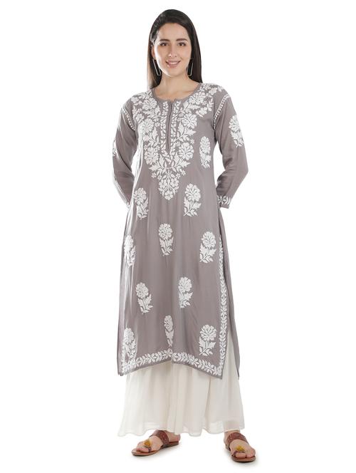 grey chikankari straight kurta - 18306968 - Standard Image - 0