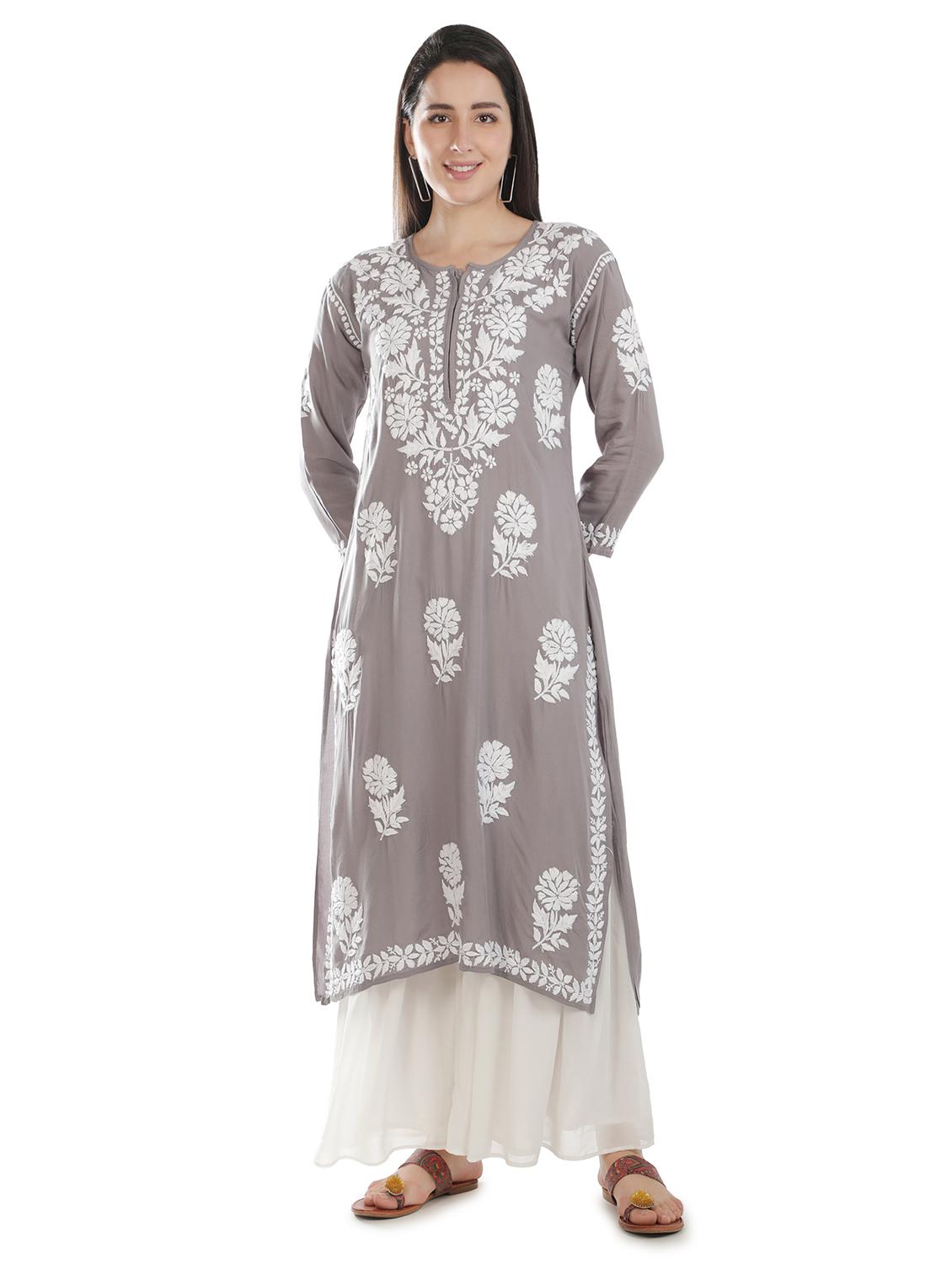 grey chikankari straight kurta - 18306968 - Zoom Image - 0
