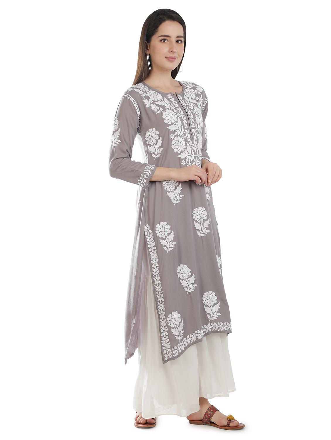 grey chikankari straight kurta - 18306968 - Standard Image - 1