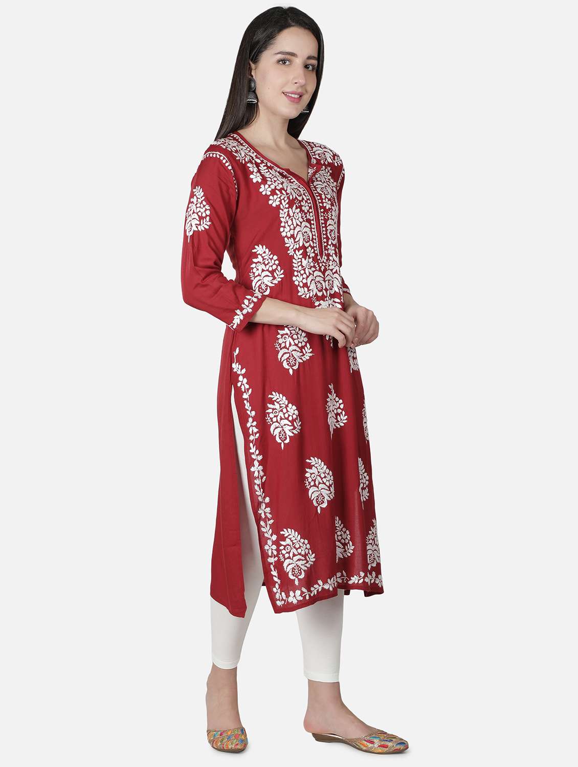 maroon chikankari straight kurta - 18306972 -  Standard Image - 1