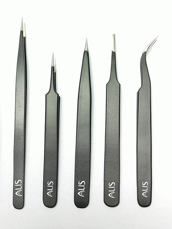 alis tweezers set of 5 antistatic non-magnetic stainless steel esd blackupgraded anti-static stainless steel curved of tweezers - 18308187 - Standard Image - 1
