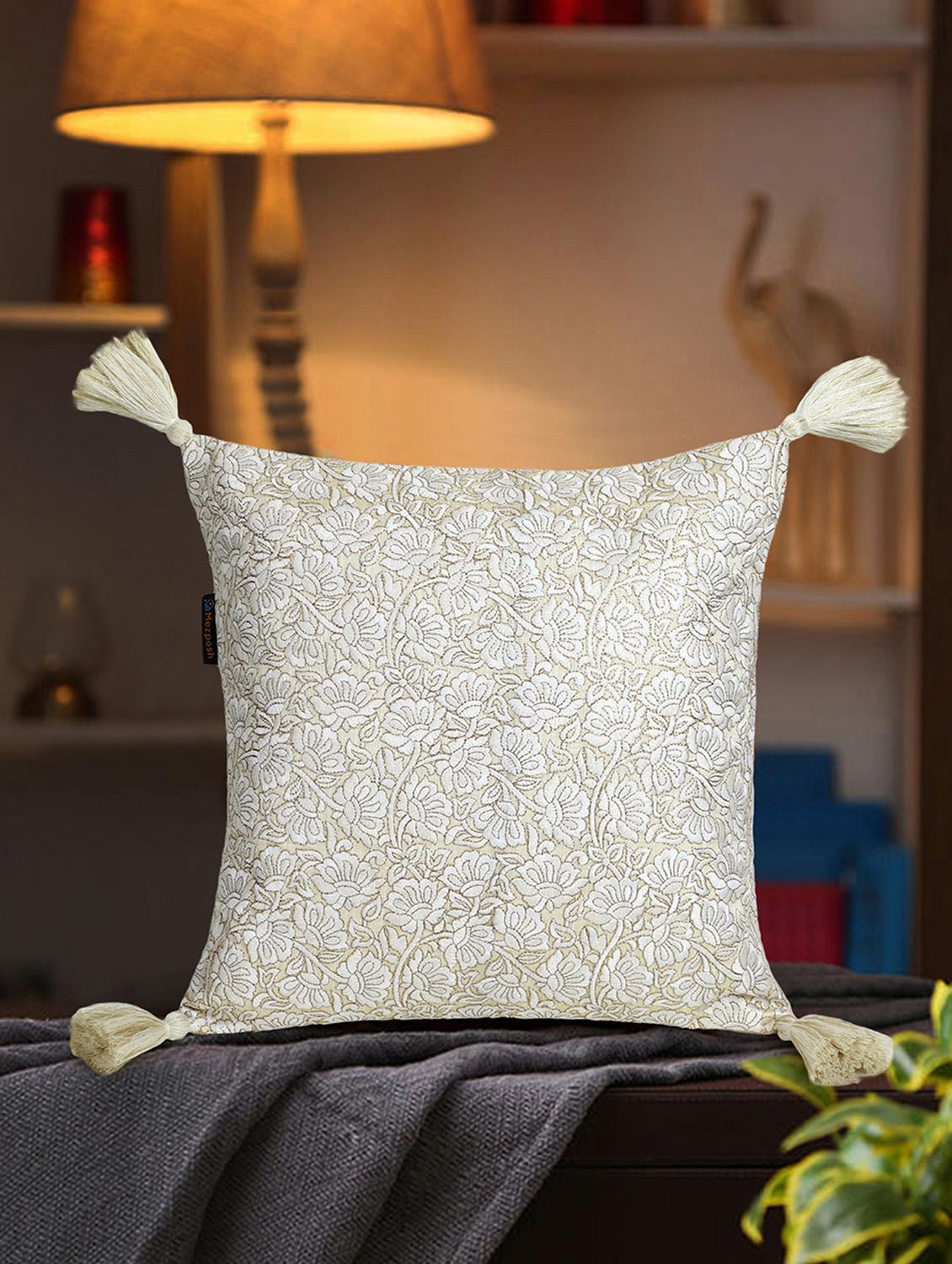 mezposh dazzle lemon yellow & white floral embroidered faux silk cushion cover (16"x16")