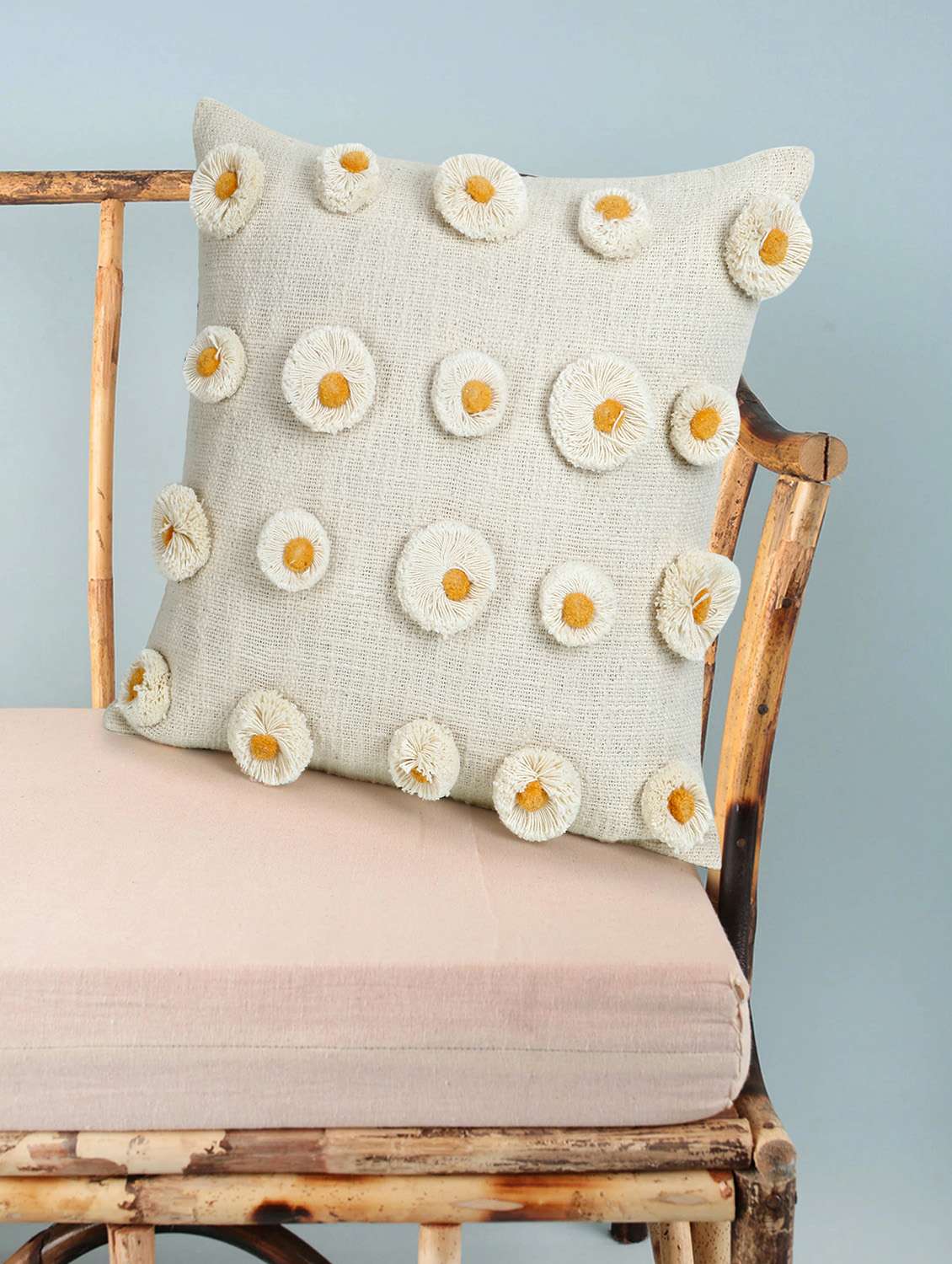 mezposh rustic natural & mustard polka cotton cushion cover (16"x16")