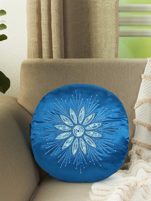 mezposh dazzle royal blue & white floral mandala embellished satin cushion cover (16") - 18308594 - Standard Image - 0