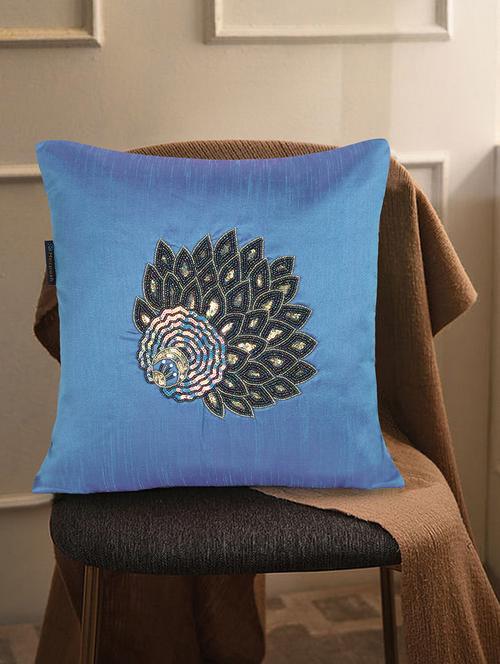 mezposh dazzle air force blue & metallic quirky embellished faux silk cushion cover (16"x16") - 18308600 - Standard Image - 0