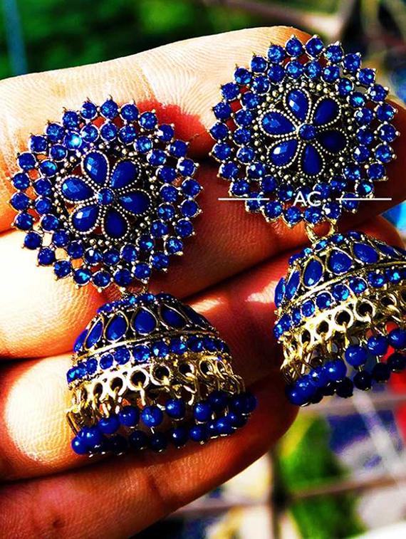 blue metal jhumka earring