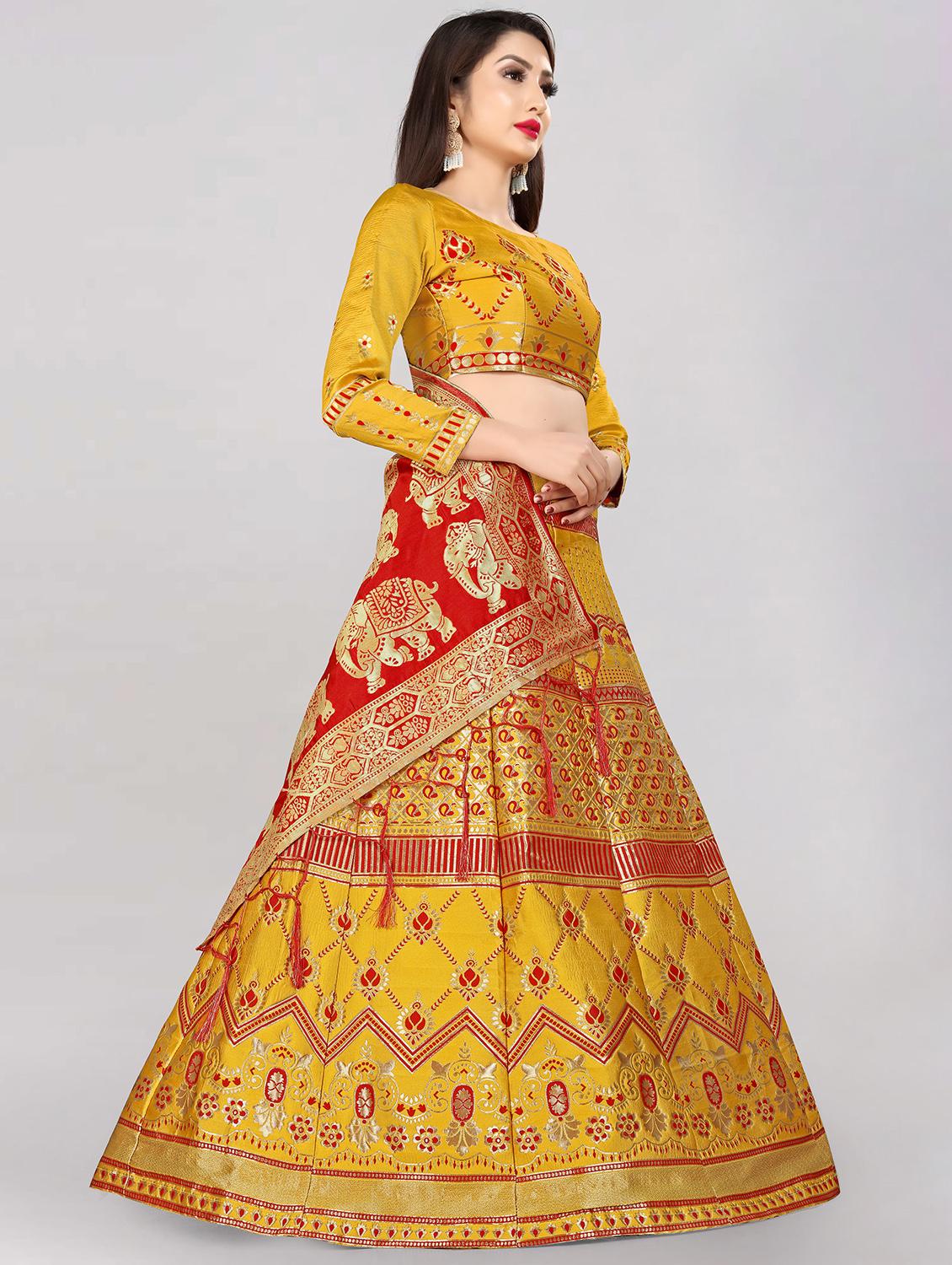 yellow banarasi flared lehenga - 18309481 - Standard Image - 1