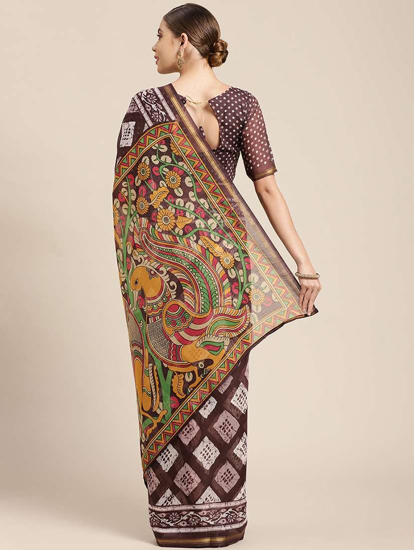 brown cotton blend printed saree - 18310346 -  Standard Image - 1