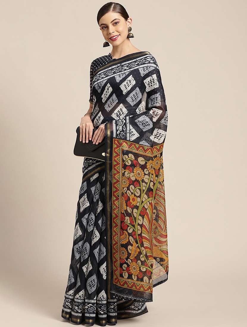 navy cotton blend printed saree
