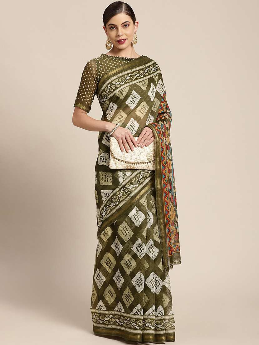 green cotton blend printed saree with blouse